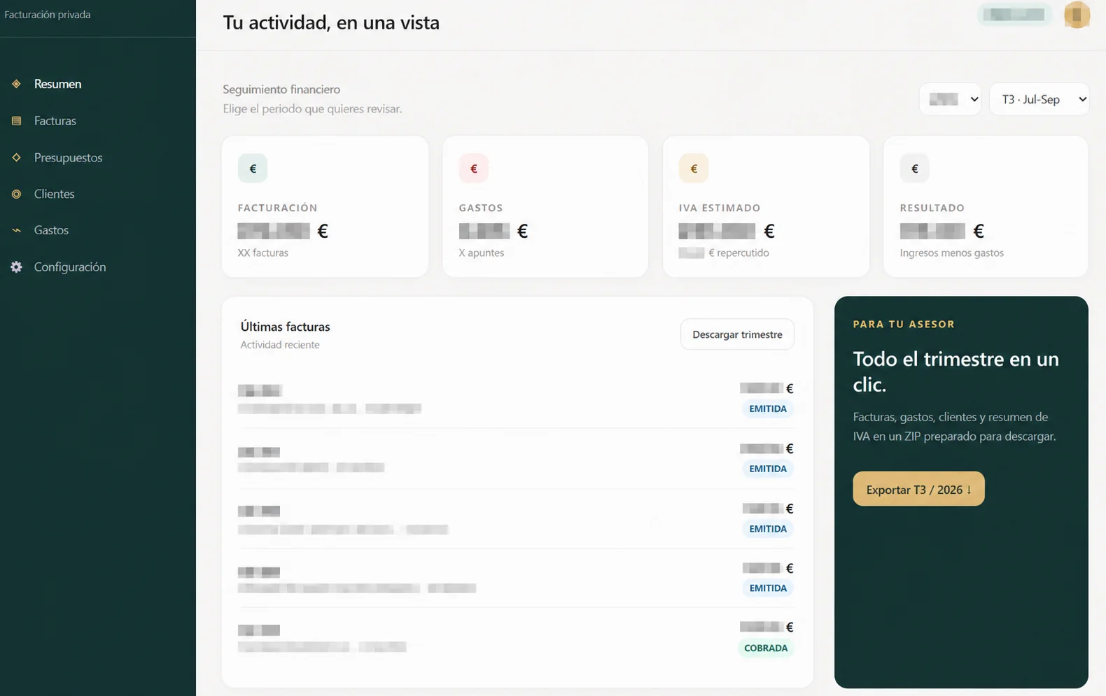 Panel anonimizado de una aplicación de facturación