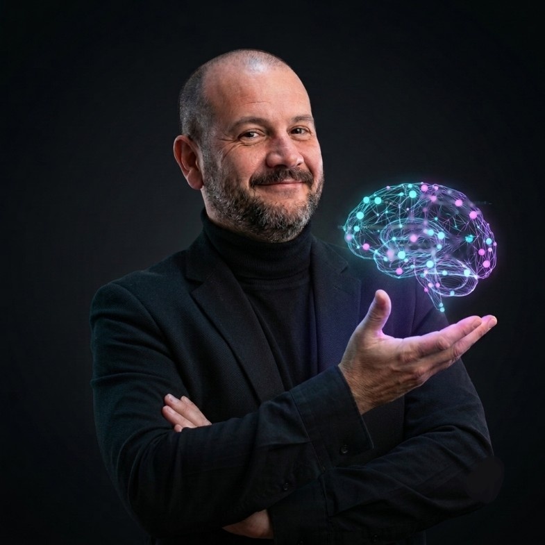 Juanan Sánchez sosteniendo una representación de un cerebro digital